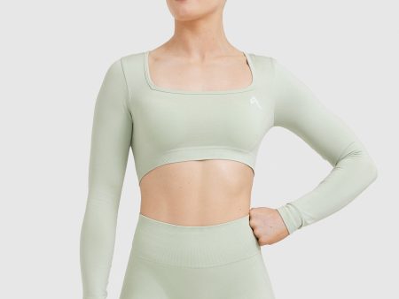 Effortless Square Neck Crop Long Sleeve Top | Tea Green Online now